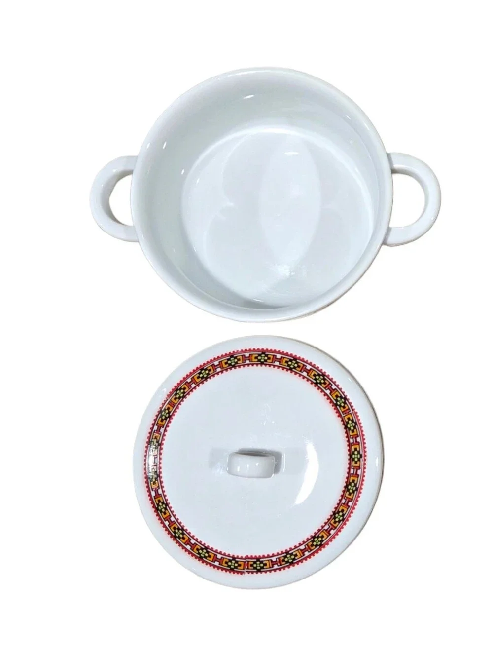 Vintage Enesco Porcelain Bowl W/Lid In a Vibrant, Aztec Southwestern-Style Print
